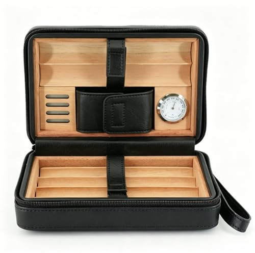Racocou Cedarträ Cigar Humidor med Avtagbar Bricka Hygrometer Avtagbar Luftfuktare Droppslang och Kortficka – Lyxpresent till Pappa Make,Black
