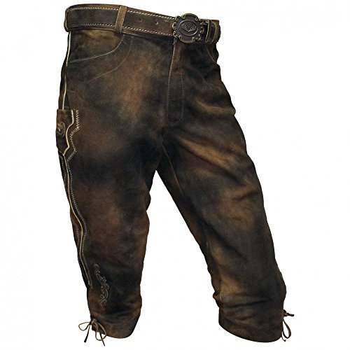 Lederhose Kniebundhose Leder braun Antik-Patina Trachtenlederhose Herren Zipp Knickerbocker Reißverschluss Wildbockleder Trachten Kniebund Wandern Hose mit Gürtel, auch für Damen, Größe:52