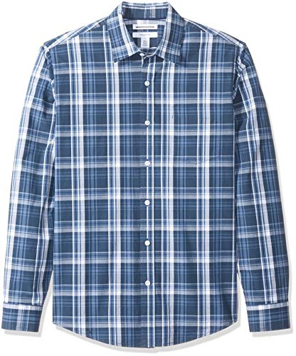 Amazon Essentials mäns Slim-Fit långärmad poplin-skjorta, marinblå medium rutig, Large