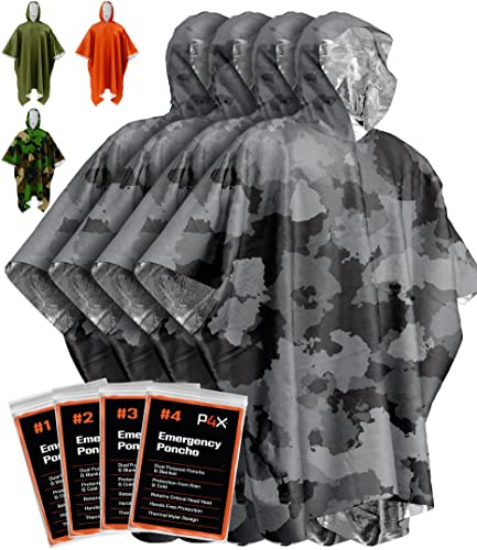 PREPARED4X Emergency Rain Poncho with Mylar Blanket Liner - Survival Blankets for Car - Heavy Duty, Waterproof Camping Gear, Tactical Prepper Supplies– 4 Pack (Camo)
