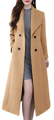 ebossy Trench long en laine à double boutonnage sous le genou pour femme, bronzage clair, Medium