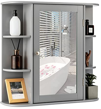 Multigot Bathroom Mirror Cabinet, Wall-Mounted Storage Cupboard with Adjustable Shelves, Single Door Organizer Unit for Living Room and Bedroom (Grey, 65 x 17 x 64 cm)