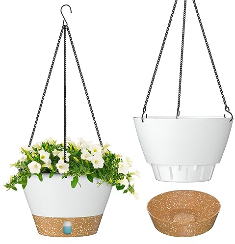 ZMTECH Hängetopf für Pflanzen, 20cm Blumentopf Ampel Hängend, Kunststoff Hänge Blumentopf mit Untersetzer für Außen Draußen Deko für Garten Balkon Wohnzimmer(2er-Set, Weiß)