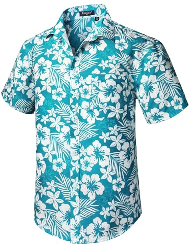 Enlision Chemise Hawaïenne pour Homme Funky Manches Courtes Boutonnée Été Aloha Hawaii Chemise Plage Vacances Palmier Fleur Imprimé Aqua Vert L