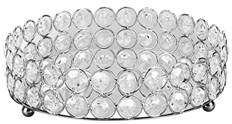 Tissting Spiegeltablett, 20cm Kristall Deko Tablett Runde Silber Make up Schmuck Organizer Teller Metall Verspiegelt Kosmetik Tablett Kristallperlen Parfüm für Hochzeit Bankette Badezimmer