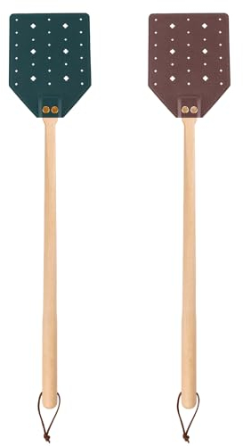 2pcs Leather Fly Swatter, Long Flyswatter Heavy Duty Manual Catcher with Wooden Handle & Hanging Rope Patterned Hollow Wasp Swatter for Indoor Outdoor (Dark Green, Brown)