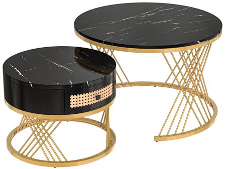 BTM Round Coffee Table with Drawers for Living Room, Coffee Tables with MDF Marble Effect Tabletop, Nesting Tables Round Side Table with Gold Coloured Iron Legs. 70 * 70 * 45.5+50 * 50 * 38.5cm