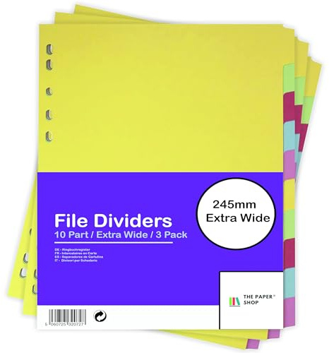File Dividers A4, 10 Part Extra Wide Folder Dividers Extra for Ring Binders & Lever Arch Files (3 Pack) Binder and Subject Dividers with Writeable Coloured Index Tabs - The Paper Shop