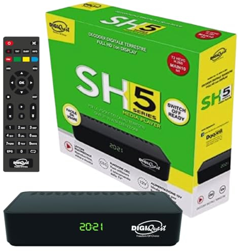 Récepteur TNT HD DVB-T2 Digiquest SH5 HEVC H.265 Chipset 10bit Full HD FTA, tuner TNT HD, décodeur numérique terrestre DVB-T2, USB, HDMI, péritel, Ethernet LAN RJ-45, noir, plastique