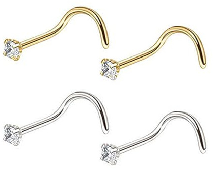 2 Paires De Clous De Nez Spirale Dorés, Clous De Perçage Du Nez En Zircon, Acier Inoxydable
