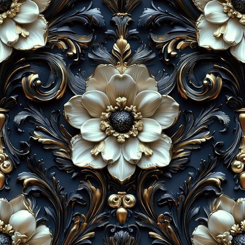 YENHOME Vintage Baroque Floral Wallpaper Luxury 3D Floral Peel and Stick Wallpaper for Bedroom Bathroom Ceiling 17.5X 118 Removable Black Gold White Flower Contact Paper for Cabinets Shelves Walls