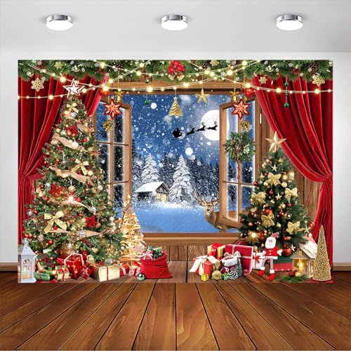 Avezano Toile de fond pour fenêtre de Noël - Pleine lune - Arbre de Noël - Renne - Rideau rouge - Décoration de fête de Noël - Portrait - Accessoires pour photomaton (2,1 x 1,5 m)