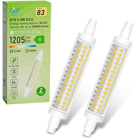 GY R7S Led 118mm, 6,5 W, Lineal R7S 118 mm, 220-240V, 1205 Lúmenes, Luz Blanco Cálido 2700K, Equivalente a 83W Bombilla Tradicional, Bombilla LED Tubular de Bajo Consumo, No Regulable, 2 unidades.