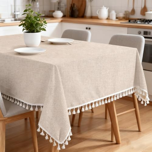 WeeGoo 140 x 220CM Cotton Linen Tablecloth Rectangle, Beige Cotton Linen Table Cloth Washable, Solid Color Tassel Table Cover wrinkle resistant for Kitchen Home Party Restaurant Tabletop Decoration