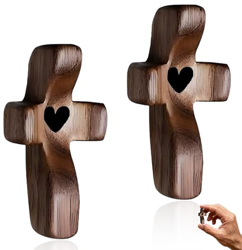 Handcrafted Wooden Cross My Heart, 2 Pcs Wooden Comfort Crosses, Stress Re/lief Pocket Cross Christian Wo/oden Cro/ss, Small Tiny Wood Cro/ss for Religious Gift for Men Women