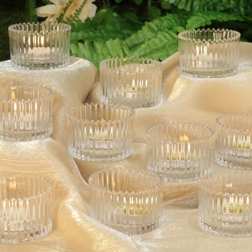 Tea Light Candle Holders 20Pcs - Clear Glass Votive Holders with Fluted and Ribbed Rim, Wedding Candle Holder for Valentine’s Day, Christmas Eve, Birthday, Proposal, Table Centerpiece Table Decor