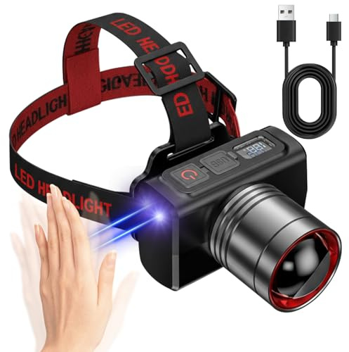 MiracDan Linterna Frontal Inteligente Indicador Digital de Batería, Control por Gestos, LED Recargable, Función Zoom, Linterna Frontal LED Extremadamente Brillante para Jogging, Pesca y Aventura