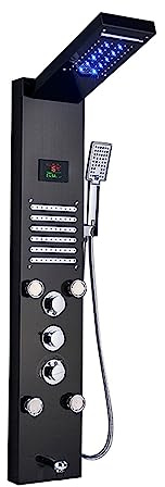 Nylyxigt svart/borstat badrum duschkran， LED duschpanel ， Kolumn badkarsblandare med handdusch temperaturskärm(Black E)