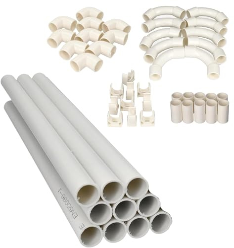 Jandei - Pack 10 uds. Tubo para Cables PVC Rígido Blanco Longitud 1 Metro. Diámetro 16 mm. Funda de Cable con Grapas de Sujección, Codo 90 Grados,Manguitos y Curvas de Empalme.
