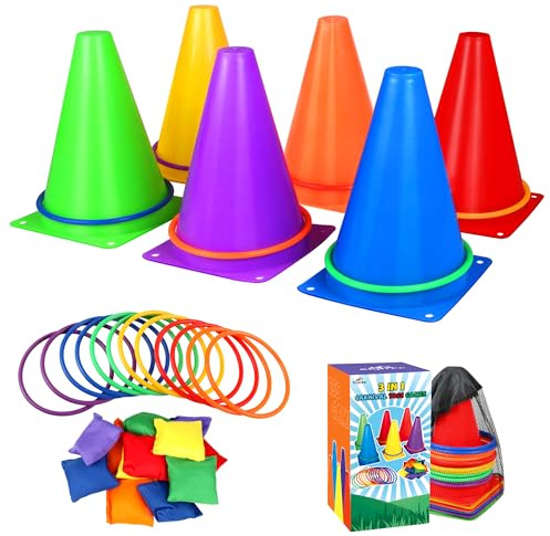 31 juegos al aire libre para niños, juego de lanzamiento 3 en 1, bolsa de cornhole, bolsa de frijol, juego de lanzar anillos para cumpleaños infantiles, juegos de jardín y fiestas infantiles (pilones