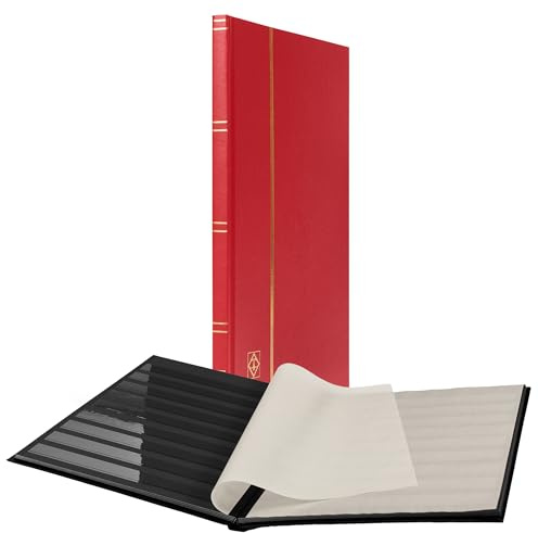 LIGHTHOUSE – “BASIC” Hard Cover Stockbook for Stamps – 16 Black Cardstock 9”x12” (A4) Pages with Clear Strips - Red