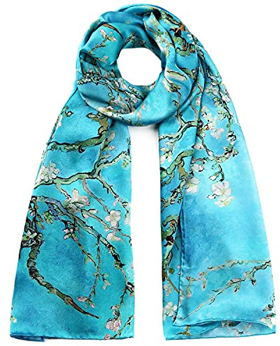 STORY OF SHANGHAI Femme Foulard 100% Soie Colore Echarpe Leger Elegant Coupe Manuel Meilleur Cadeau pour votre Lady, Bleu Print, Taille uniqueBleu