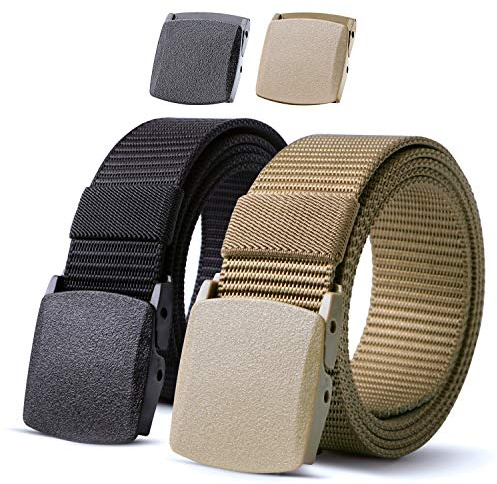 JASGOOD 2 Pack Nylon Web Belt Outdoor Military Men’s Metal Free Belt with TSA Plastic Buckle, A-Black+Green Khaki