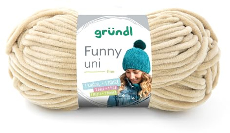 Gründl Wolle Funny uni - dicke weiche Chenille Wolle zum Häkeln - Häkelwolle - Strickwolle - Kuschelig und hautfreundlich - 100% Polyester - 1 Knäuel 100 g / 120 m - Nadelstärke 5-6 - Beige