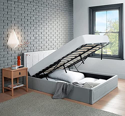 Home Treats Velvet Upholstered Ottoman Lift Up Double Bed Frame | 4ft6 Double Size Storage Bed