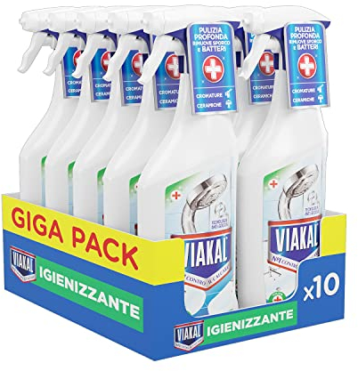 Viakal Anticalcare Detersivo Spray Bagno e Cucina, Igienizzante, 10 x 500 ml, con Tecnologia Anti-goccia, per un Bagno Pulito e Profumato, 100% di Plastica Riciclata