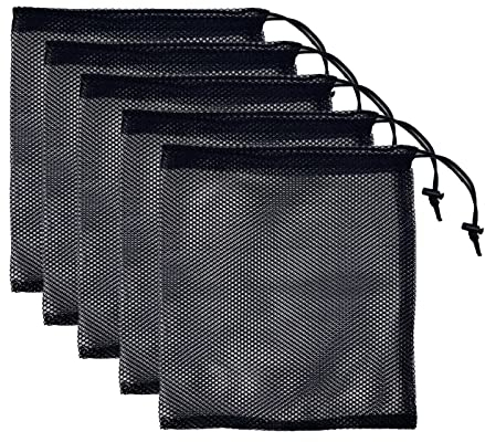 ONEINHE 5 Stück schwarze Nylon-Netztasche mit Kordelzug, Netztasche für Fitnessstudio, Reisen, Outdoor-Aktivitäten, Schwarz