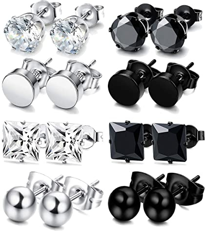 KALVICA 8/10 Pairs Stainless Steel Earrings Men Women Hypoallergenic Stud Earrings Men Silver Black Cubic Zirconia Stud Earrings Round Earrings Unisex Huggie Pierced Earrings