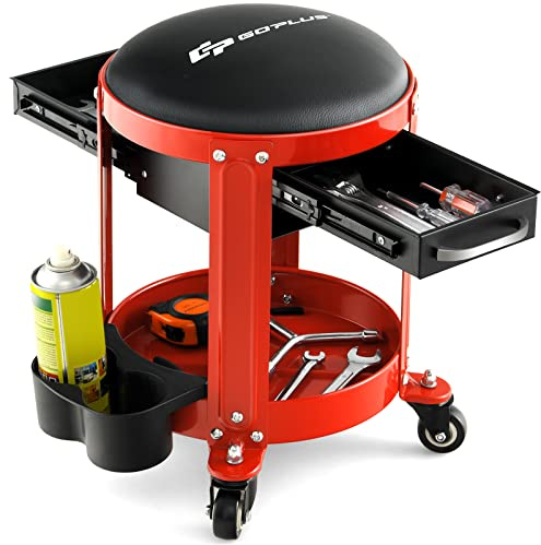COSTWAY Tabouret d'Atelier 4 roulettes, Chaise d'Atelier Pivotante avec Porte-boîtes Doubles, Plateau à Outils, Siège Rembourré, pour Garage, Atelier, 40 x 40 x 43,5 cm, Charge 150 kg
