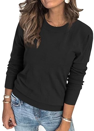 Arach&Cloz Womens Spring Tops 2024 Fashion Long Sleeve Shirt Crew Neck Lightweight Knit Pullover Sweater Blouse Clothes Black