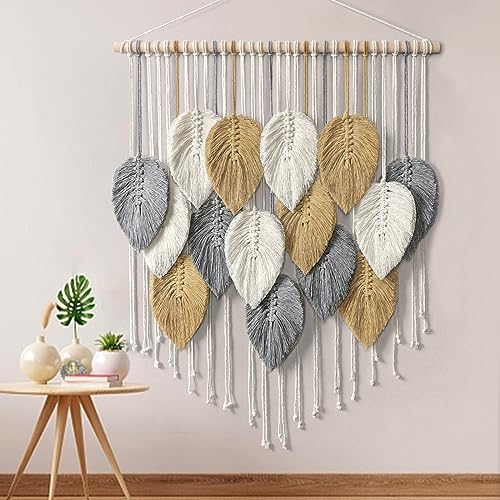 Weldomcor Makramee Wandbehang Großer Wandteppich Gewebt Wandbehang Boho Makramee Wandteppich Gewebte Wandbehang Blatt Feder Wanddeko Schicke Gewebte Kunst für Schlafzimmer Wohnzimmer Dekoration, 60 cm