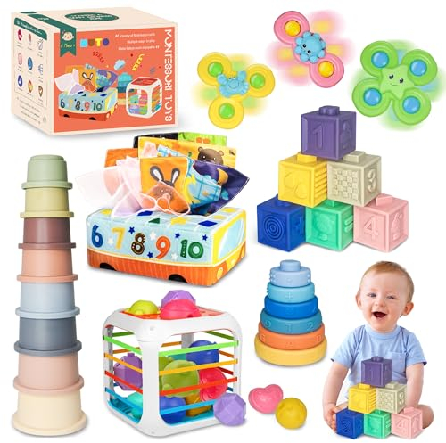 MutoToy® Jouet Sensoriel Bebe 6 Mois et Plus, 6 en 1 Jeux Montessori Eveil avec Cube D'activité Bébé, Jouet Ventouse Chaise Haute, Jouets de Développement
