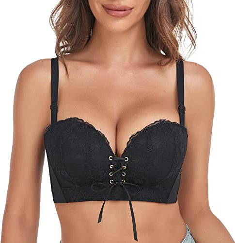 FallSweet Add Two Cups Lace Push Up Bra Ultra Padded Wireless Support Brassiere (Black, 32B)