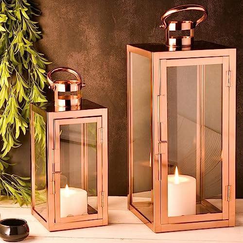 Marrakech Lot de 2 lanternes LED 39 cm et 27,5 cm | Lanternes avec bougie LED alimentées par piles et avec fonction minuterie | Lanterne de jardin pour l'extérieur Marra cuivre moderne comme