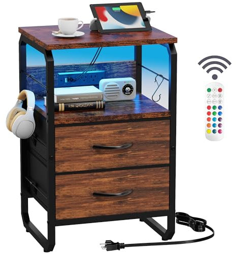 runjuly LED Nightstand, Bed Side Table with Storage, End Table with Drawers & Hooks, Bedside Table with Charging Station, AC Outlets, USB C Ports, Rustic Brown Night Stand Table for Living Room, Dorm