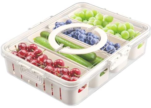 Longzhuo Refrigerator Crisper Box with Lid, Divided Serving Tray Serving Platter with 4 Removable Compartment Box, Reusable Serving Platters Bowls with Drainage Function for Home Kitchen