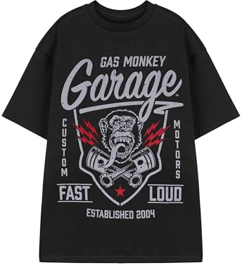 Gas Monkey Herren T-Shirt | Erwachsene Fast & Loud Kurzarm-Grafik-T-Shirt in Schwarz | Distressed American Garage Mechanic Custom Motors Casual Fit Bekleidungsoberteil | GMG-Auto-Merchandise-Geschenk