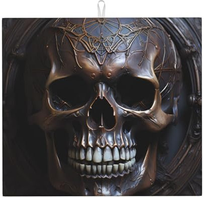 YYHHAOFA Alfombrilla de secado con estampado de calavera de color cobre para cocina: absorbente de agua, antideslizante, reversible, con cordón para colgar 45,7 x 40,6 cm