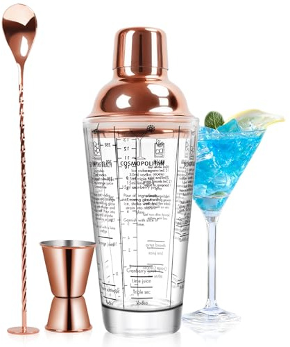 SAVORLIVING 14oz Glass Cocktail Shaker Set, Margarita Mixer-Shaker with Built-in Strainer and Measuring Jigger & Mixing Spoon Set, Professional Bar Tool Kit for Beginners (Rose, 3pcs)