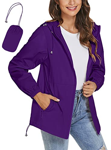 iWoo Waterproof Jackets Women Rain Coats for Women Raincoat Lightweight Outdoor Summer Packaway Jacket with Hood Purple S