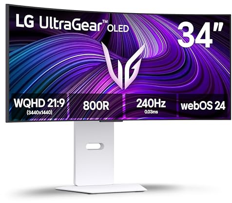 LG 34GX90SA-W 34-inch Ultragear WQHD (3440 x 1440) OLED Curved Gaming Monitor 240Hz, 1ms, NVIDIA G-Sync Compatible, AMD FreeSync Premium, VESA DisplayHDR True Black 400, webOS, USB Type-C, White