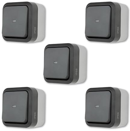 REV AquaStorm SPARSET - 5x Kontrollschalter - Lichtschalter Feuchtraum IP55, einpolig, Aufputz, 230V, 10A, anthrazit