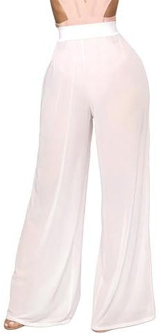 RuiChy Pantalons Transparente pour Femmes Pantalons de Maillage Sheer d'Été Haut Waist Coupe Lâche Casual Pantalons Évasés de Plage Couverture pour Bikini Bas Sexy Club