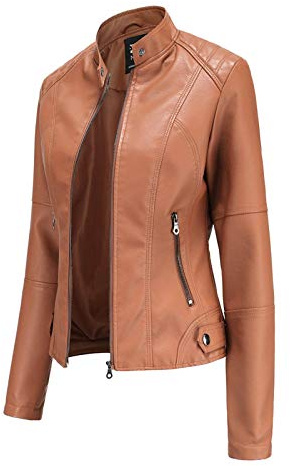 Chaquetas de invierno para mujer, chaqueta de cuero con cremallera, color liso, corte ajustado, con costuras en pie, marrón, M