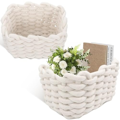 Lot de 2 Panier de Rangement Corde Coton Doux Tressé Blanche, Basket Organiseur Langer Bébé Carré, Panier Salle Bain Minimaliste et Tendance pour Chambre,Salon, Maquillage Rangez Jouets, Rouges Lèvres