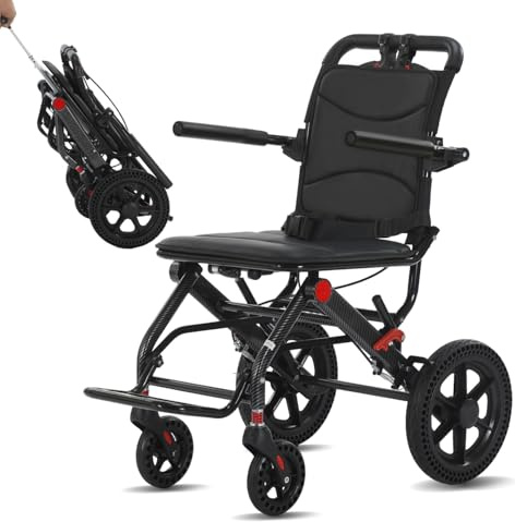 Lightweight Folding Transport Wheelchair (10kg) – Portable Transit Travel Chair for Adults & Seniors Attendant-Propelled Parking Brake & Hand Brakes Solid Puncture-Proof Tyres Footrests & Lap Belt